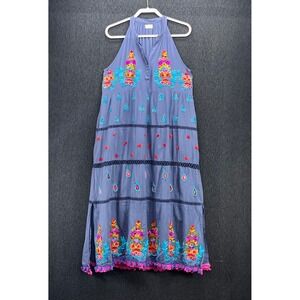 Lula Soul Womens Blue Cotton Embroidered Halter Maxi Dress Tiered Pockets M